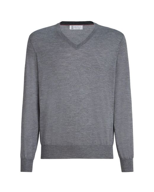 Brunello Cucinelli Gray Cashmere-Silk V-Neck Sweater for men