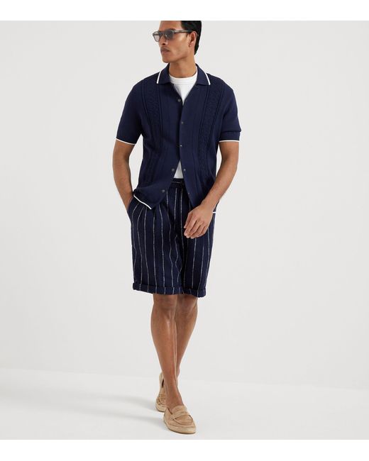 Brunello Cucinelli Blue Linen-wool Pinstripe Bermuda Shorts for men