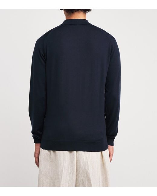 John Smedley Blue Extra Fine Merino Long-Sleeve Herbie Polo Shirt for men