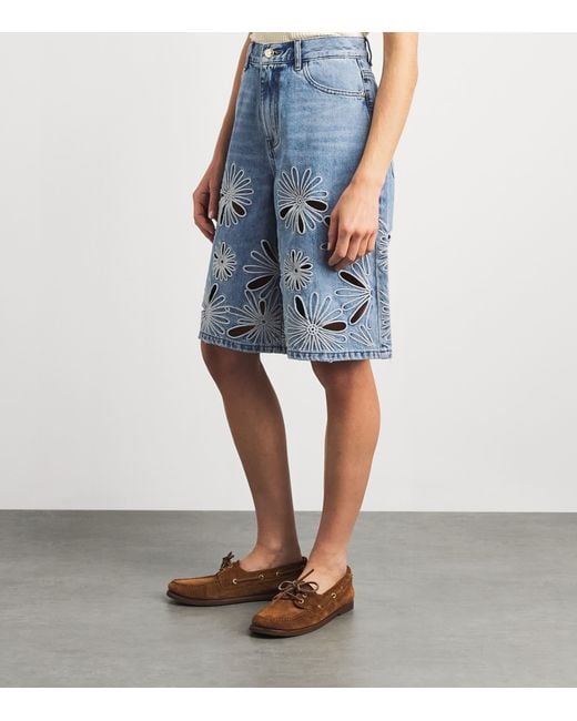 Sandro Blue Open-Work Embroidered Denim Shorts