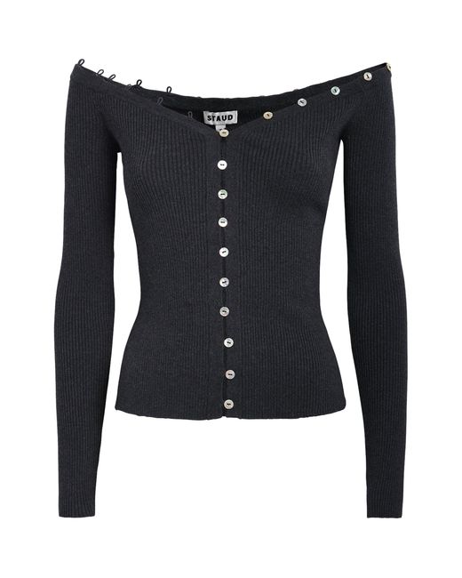 Staud Blue Wool-Blend Off-The-Shoulder Keaton Cardigan