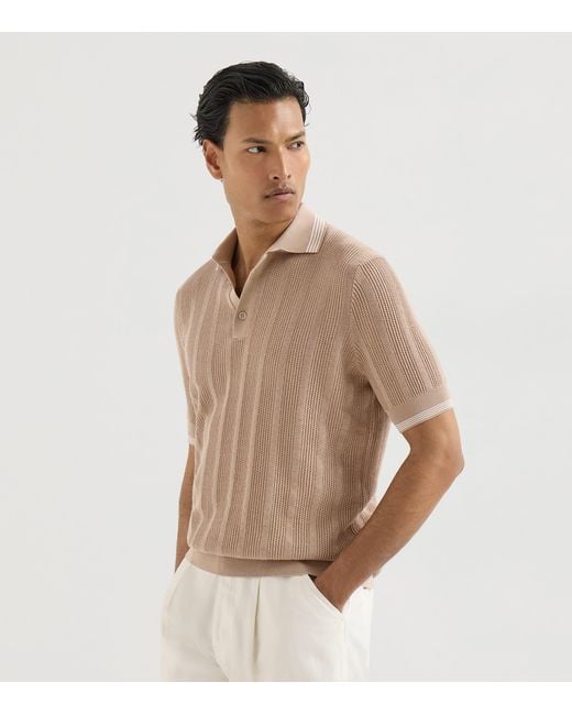 Brunello Cucinelli Natural Cotton Rib-Knit Polo Shirt for men