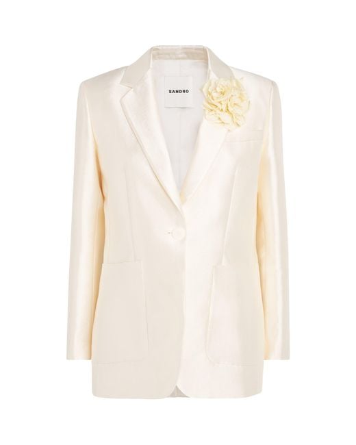 Sandro White Satin Flower-Corsage Blazer