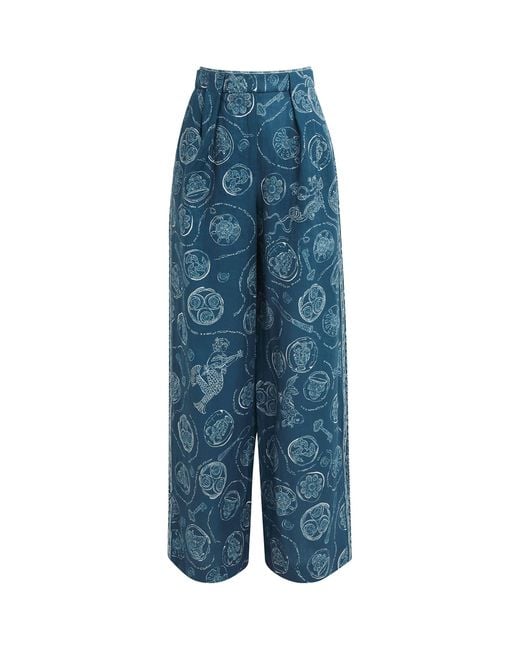 ALÉMAIS Blue Linen Printed Lucky Trousers