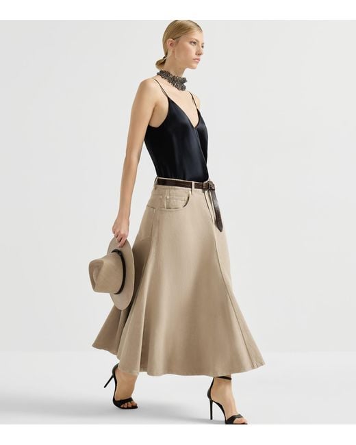 Brunello Cucinelli Natural Cotton-Linen Midi Skirt