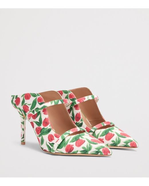 Malone Souliers White Canvas Tulip Print Maureen Heeled Mules 85