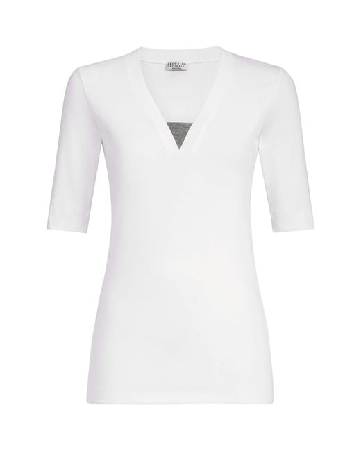 Brunello Cucinelli White Monili V-Neck T-Shirt
