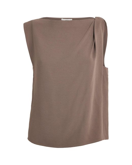 Vince Brown Crepe Draped-Shoulder Top