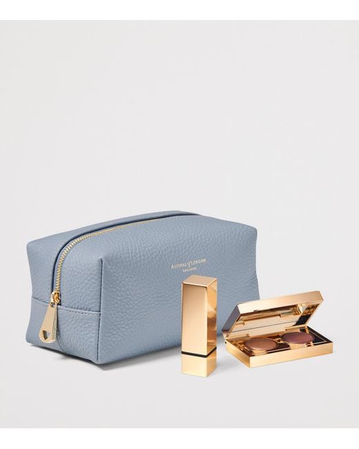 Aspinal Blue Medium Grained Leather Cosmetics Case