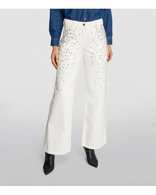 MAX&Co. White Rhinestone-embellished Wide-leg Trousers
