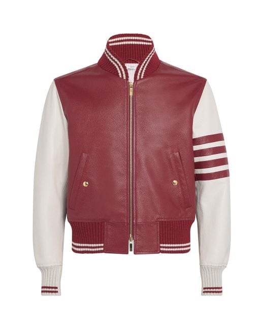 Thom Browne Red Leather Classic Bomber Jacket for men