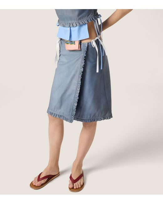 Miu Miu Blue Nappa Leather Ruffle Midi Skirt