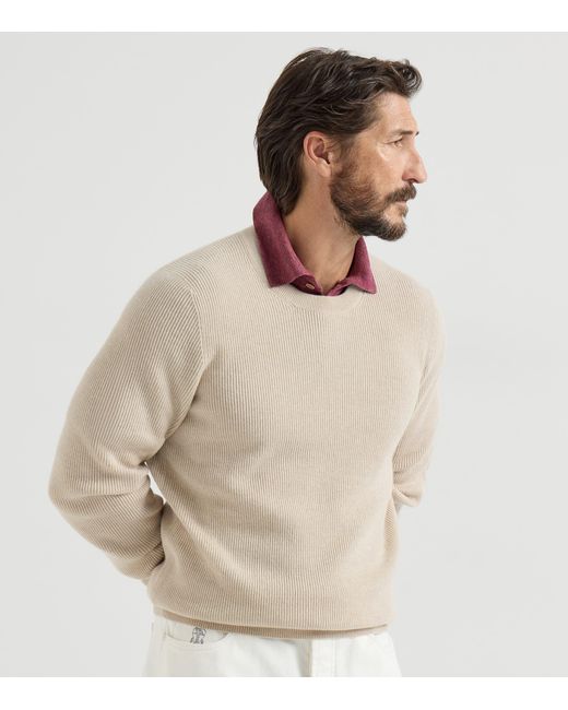Brunello Cucinelli White Cashmere Ribbed Sweater for men
