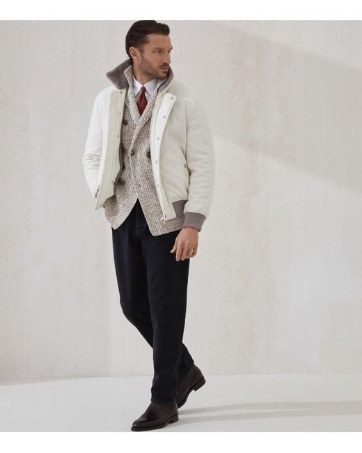 Brunello Cucinelli Men's White Cashmere Aviator Jacket