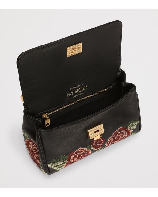 Dolce & Gabbana Black Mini Leather Embroidered My Sicily Top-Handle Bag