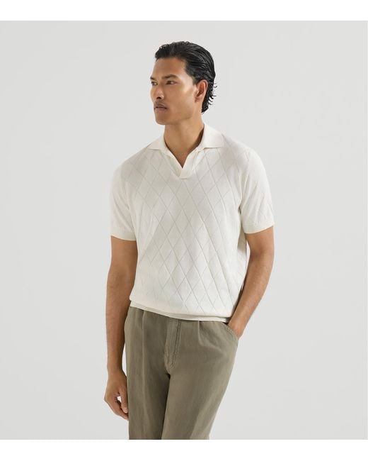 Brunello Cucinelli White Cotton Diamond-Knit Johnny Collar Polo Shirt for men