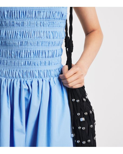 Ganni Blue Organic Cotton Shirred Maxi Dress