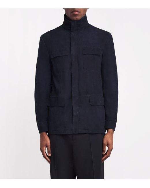 Giorgio Armani Blue Suede Funnel-Neck Jacket for men