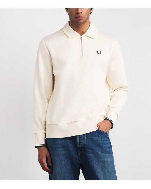 Fred Perry White Cotton Half-Zip Sweatshirt for men