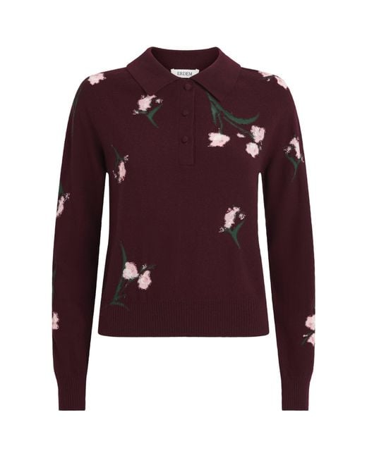 Erdem Red Merino Wool Floral Polo Sweater