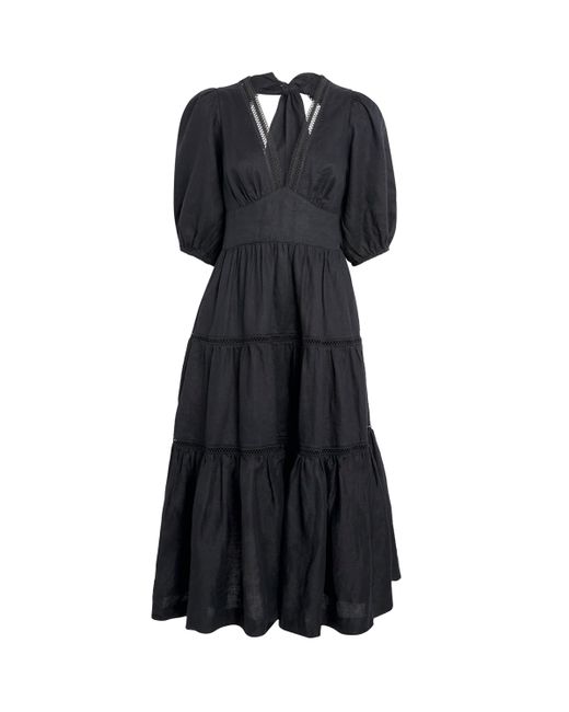 Heidi Klein Black Linen Lace-Trim Meteora Midi Dress