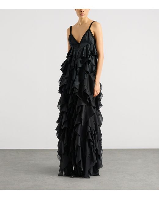Balmain Black Silk Satin Ruffled Top