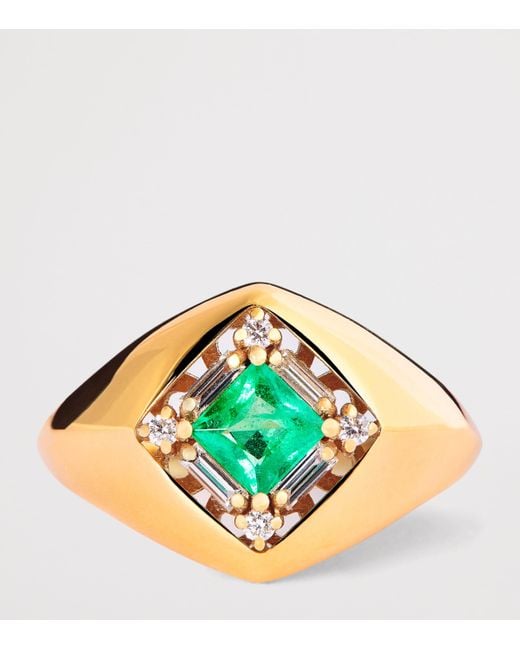 Suzanne Kalan Green Diamond And Emerald Princess Diamond Signet Ring