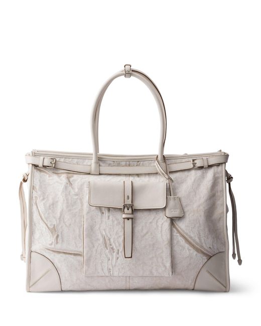 Prada Gray Printed Linen And Leather Bonnie Tote Bag for men