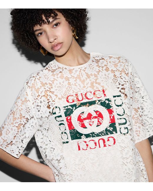 Gucci White Cotton-lace Logo T-shirt
