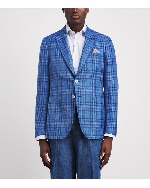 Isaia Blue Wool-Silk-Linen Check Blazer for men