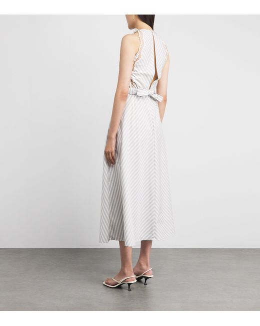 Sandro White Cotton Stripe Embroidered Midi Dress
