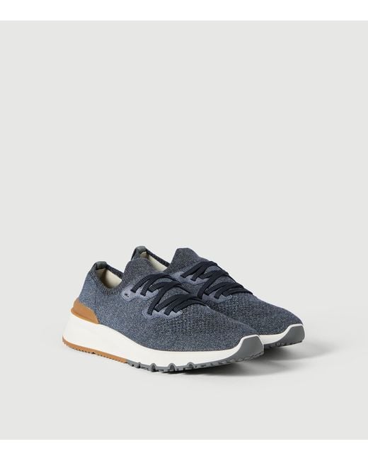 Brunello Cucinelli Blue Cotton-Blend Chiné-Knit Sneakers for men
