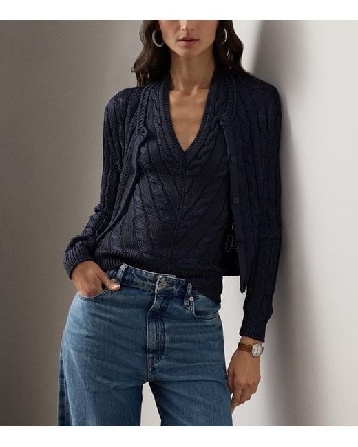 Ralph Lauren Blue Cable-Knit Silk Cropped Cardigan