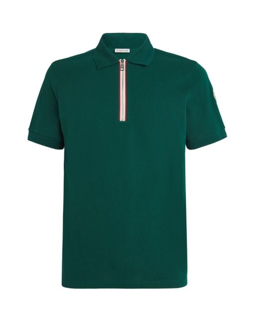 Moncler Green Cotton Zip-Up Polo Shirt for men