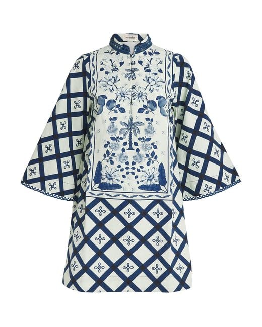 VERANDAH Blue Cotton-Linen Floral Print Mini Dress