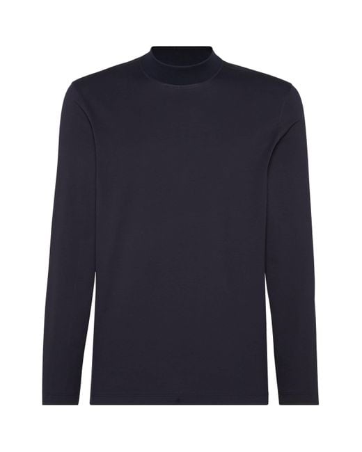Brunello Cucinelli Blue Cotton High-Neck T-Shirt for men