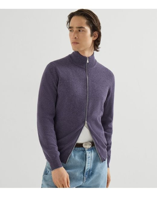Brunello Cucinelli Blue Cashmere High-Neck Cardigan for men