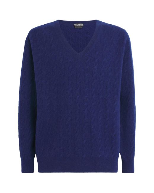 Tom Ford Blue Wool Cable-Knit V-Neck Sweater for men