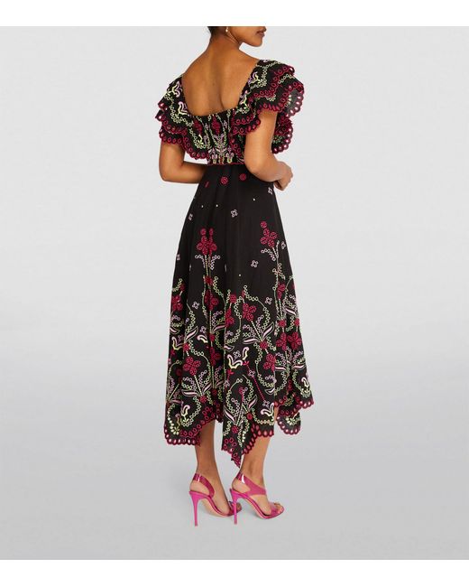 Charo Ruiz Black Ruffle-sleeve Embroidered Midi Dress