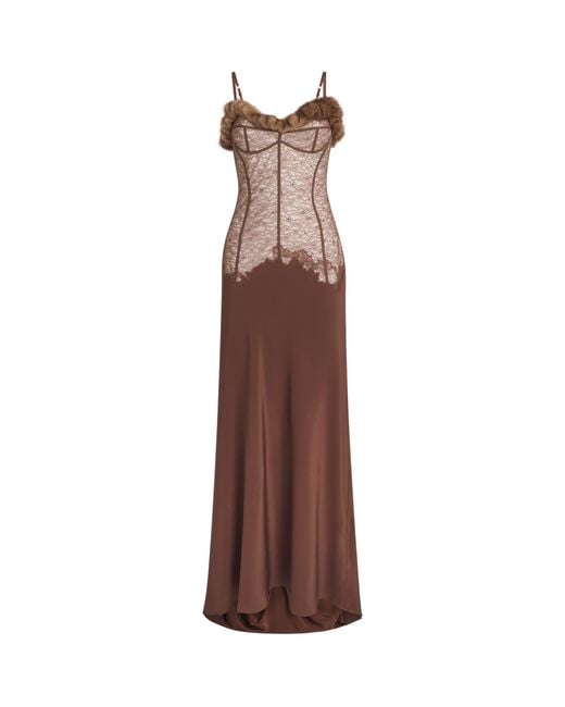 Rosamosario Brown Mink-Silk Lace Slip Maxi Dress