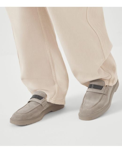 Brunello Cucinelli Gray Suede Monili Penny Loafers