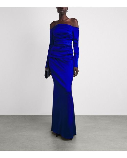 Talbot Runhof Blue Stretch-Satin Gathered Column Gown