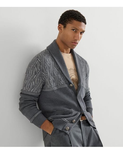 Brunello Cucinelli Gray Cotton Jacquard Shawl Cardigan for men