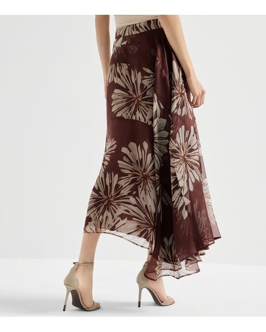 Brunello Cucinelli Brown Silk Floral Midi Skirt