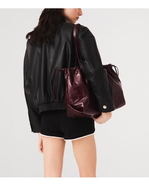Maje Black Leather Funnel-Neck Jacket