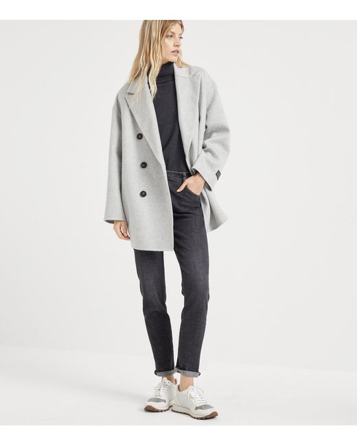 Brunello Cucinelli White Cashmere Double-Breasted Peacoat