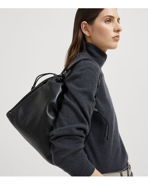 Brunello Cucinelli Black Medium Leather Mellow Bucket Bag