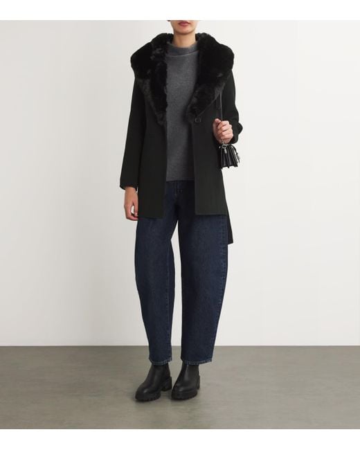 Maje Black Wool-Blend Faux Fur-Collar Coat