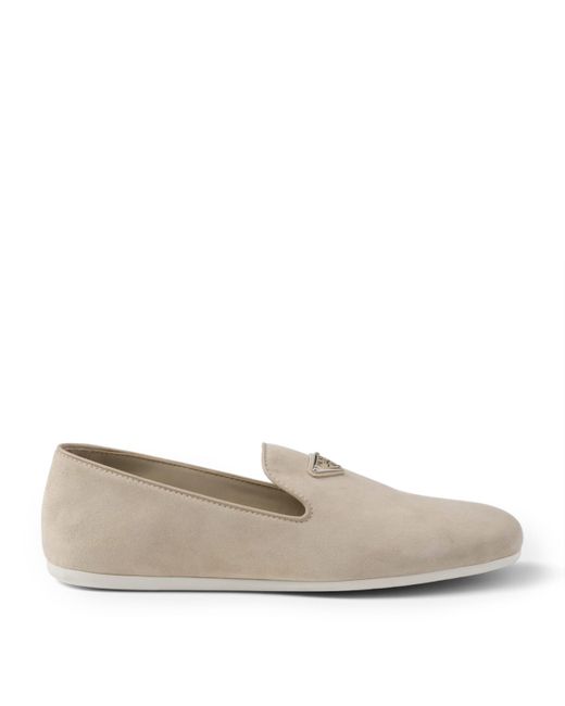 Prada Gray Suede Logo-Plate Loafers for men