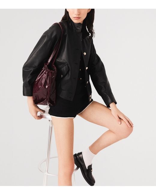 Maje Black Leather Funnel-Neck Jacket